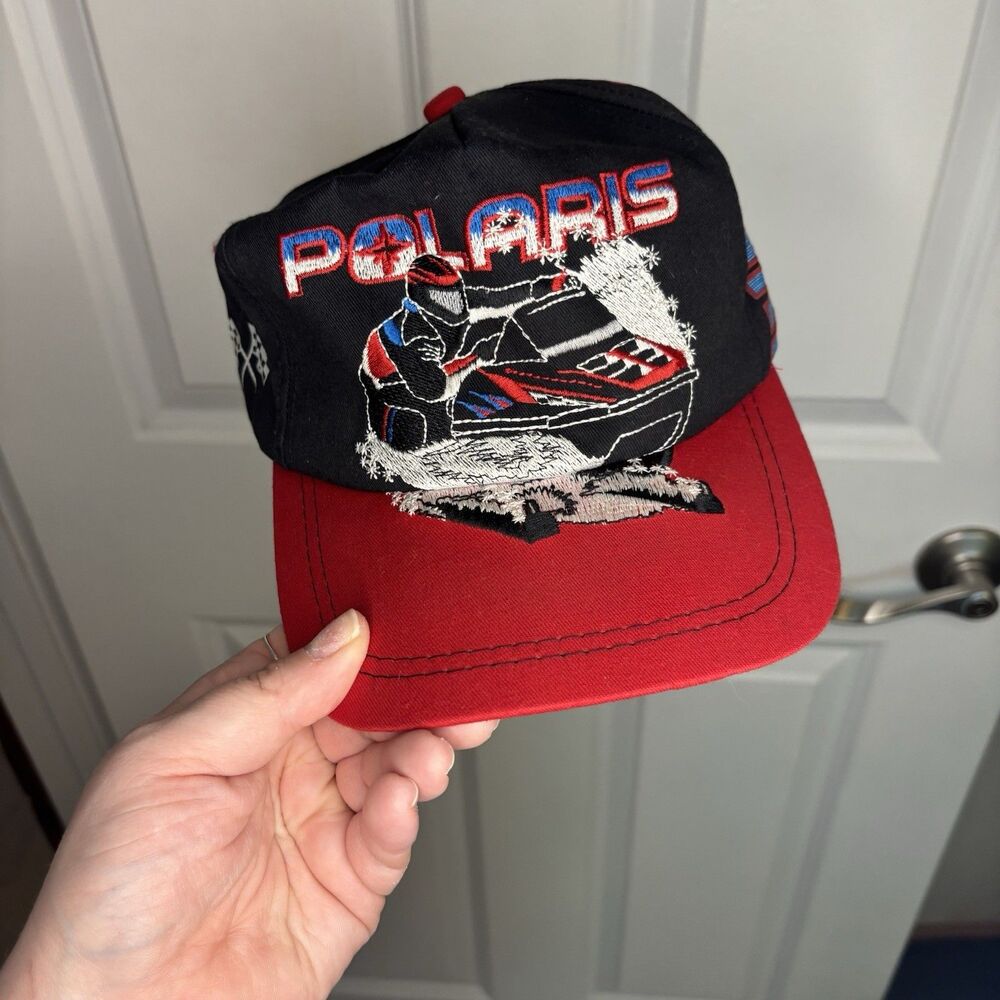 VTG Polaris Snowmobile Indy 500 Hat Snap Back Black Red Big Logo Embroidered 90s